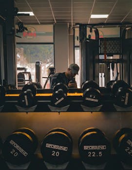 A man lifts weights in a modern gym setting, surrounded by equipment.