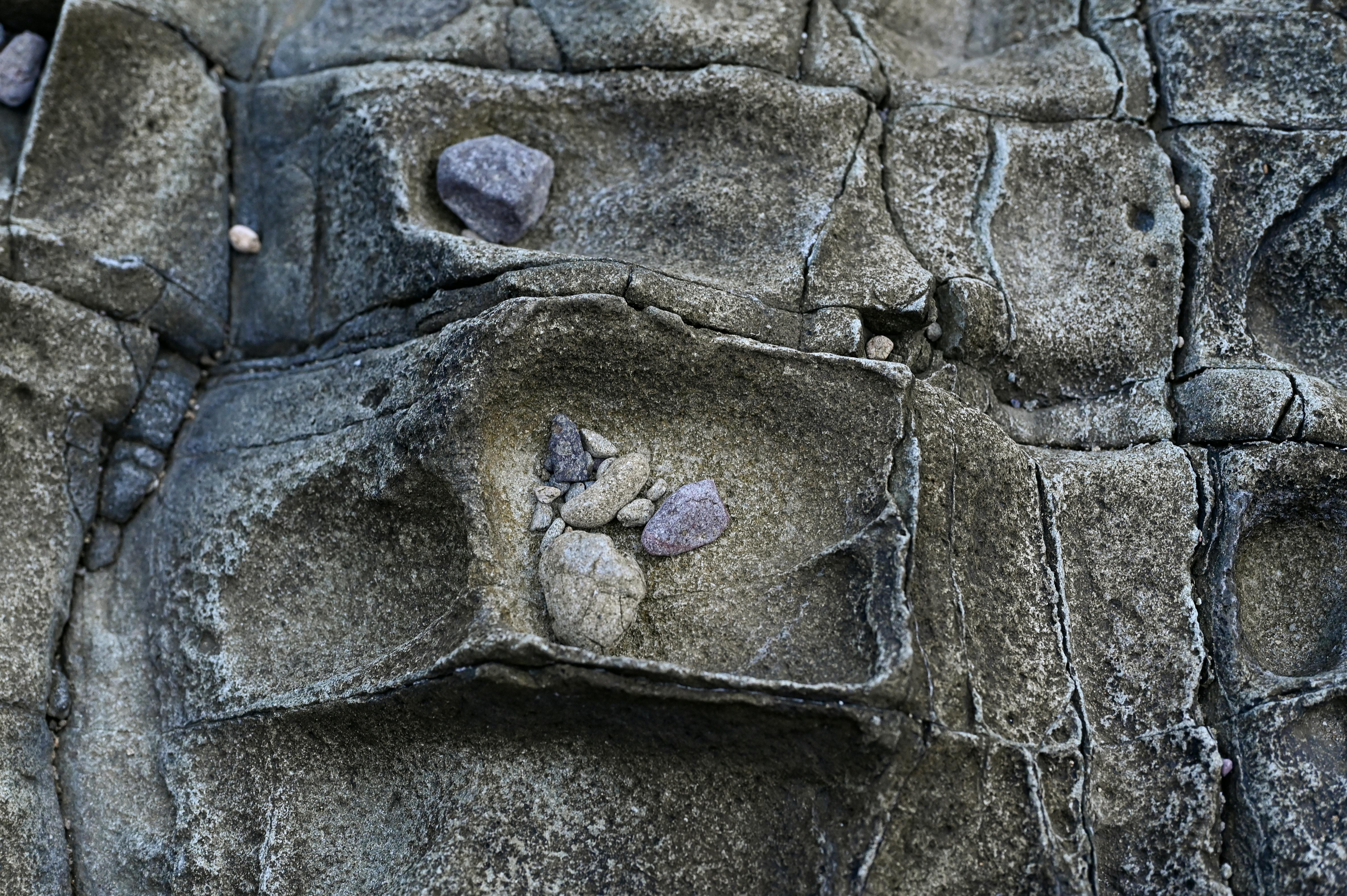 grátis Vista aproximada de pedra texturizada com desenho geométrico em camadas e seixos espalhados. Foto profissional