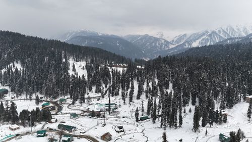 Free Aerial view of the snow-covered landscape and pine trees of Gulmarg, Kashmir during winter. Stock Photo
