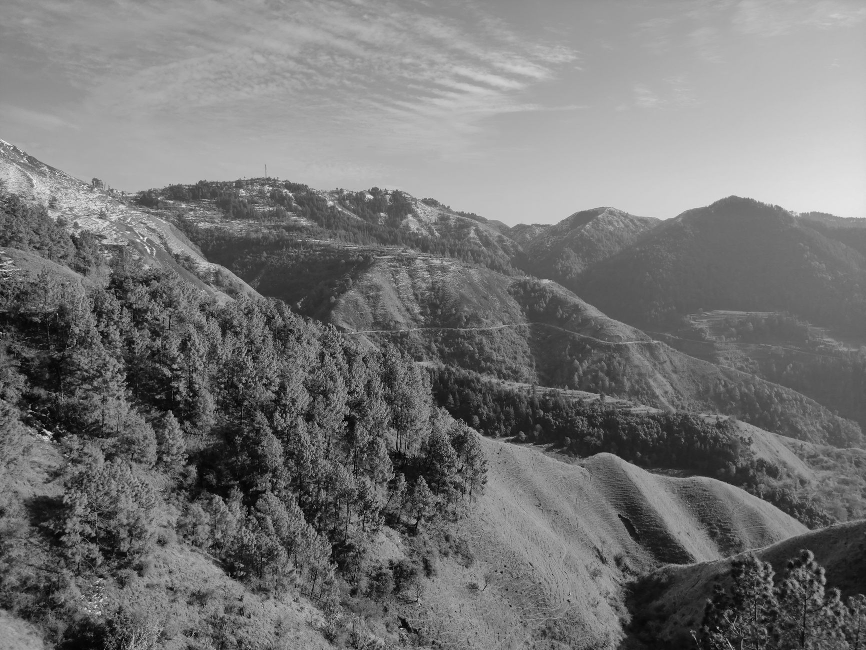 Black and white landscape of the Himalayan mountains in Dehradun, Uttarakhand.