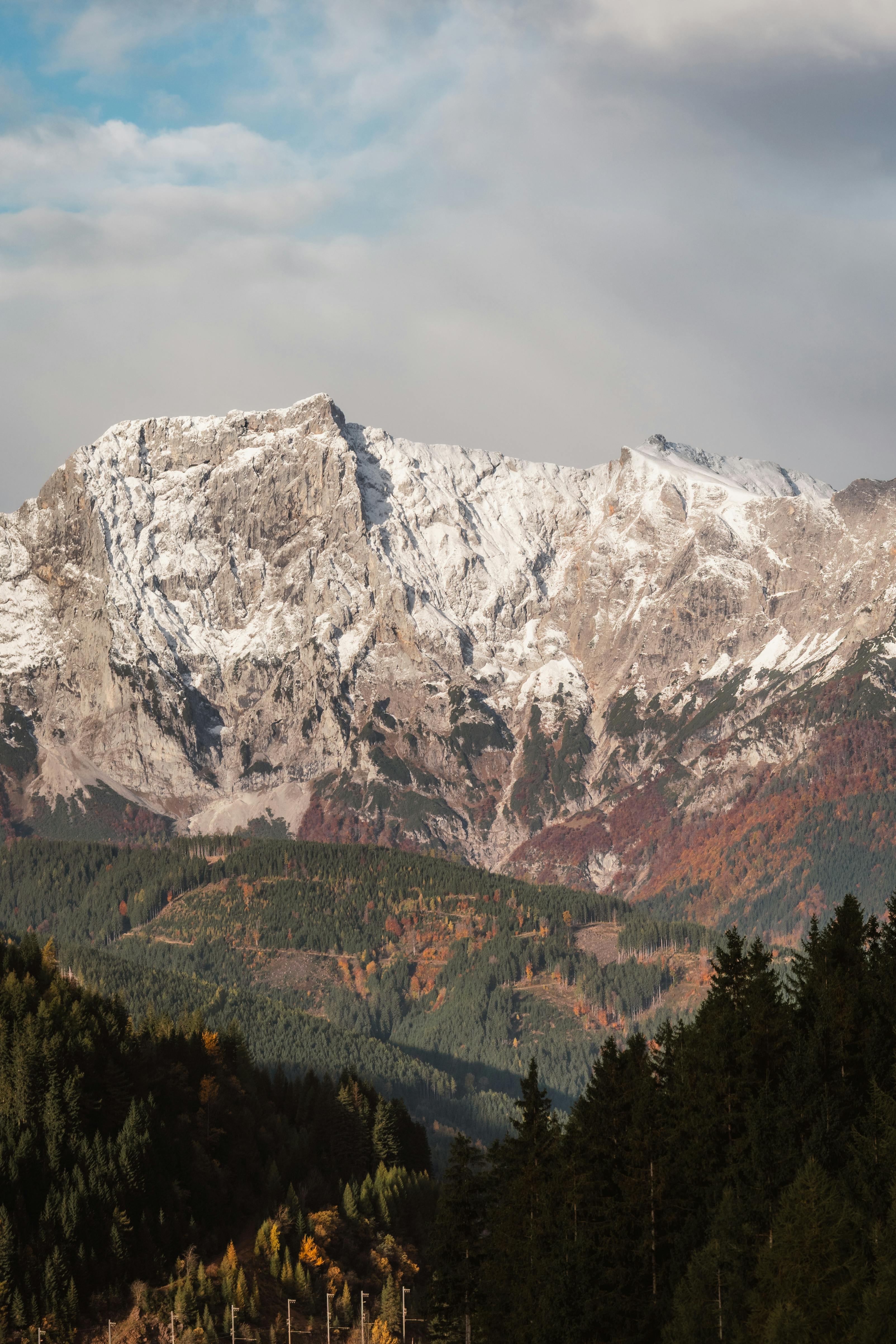 Δωρεάν Χιονισμένα βουνά με φθινοπωρινό φύλλωμα, που προσφέρουν μια γαλήνια και γραφική θέα. Φωτογραφία από στοκ φωτογραφιών