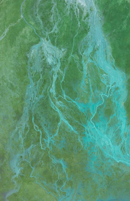 An aerial view showcasing abstract river-like patterns in a lush green landscape, emphasizing nature's artistry.
