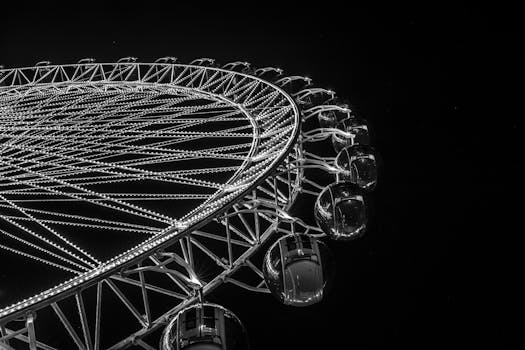Black and white photo of a glowing Ferris wheel against the night sky.