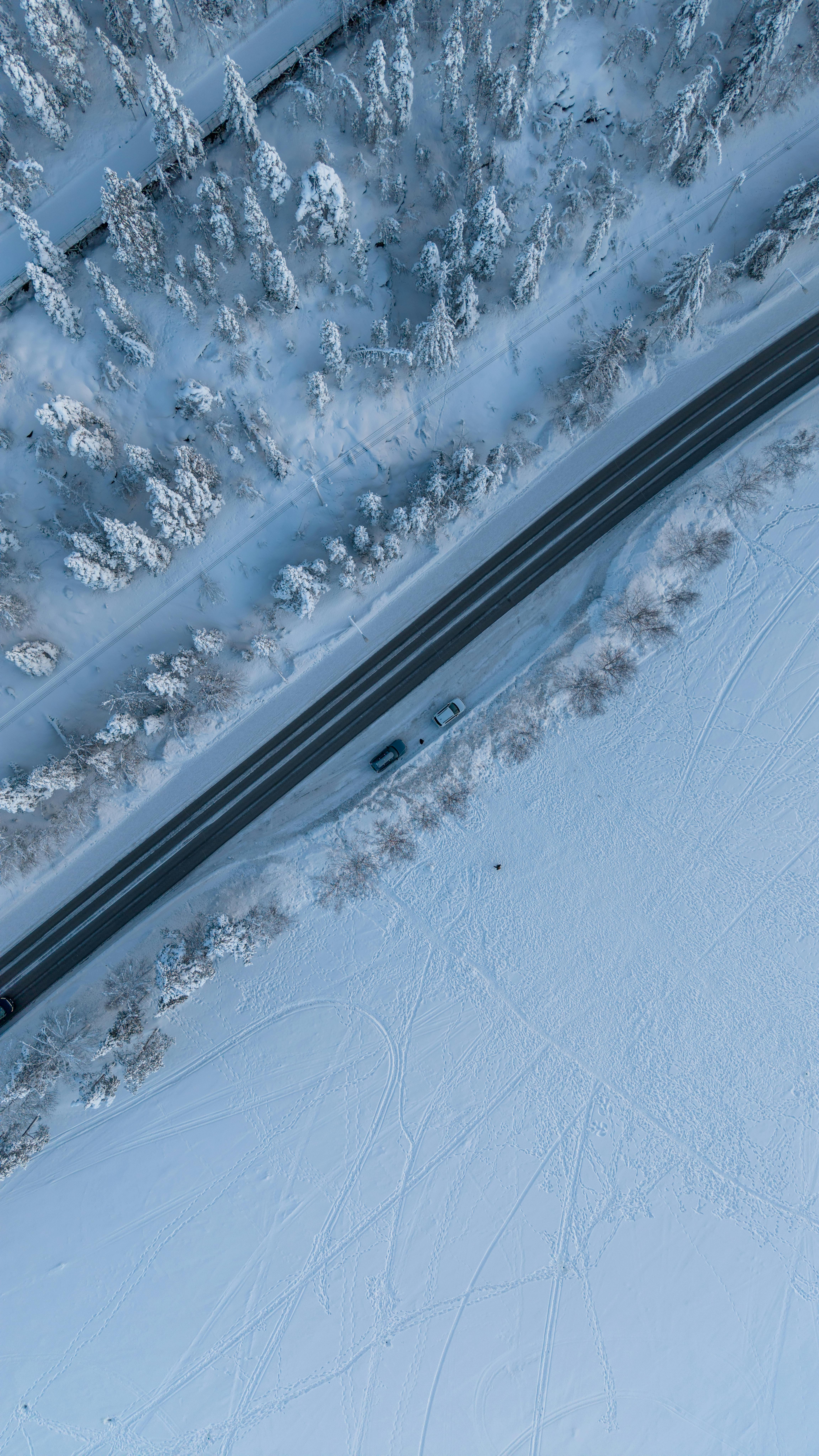 Δωρεάν Εκπληκτική αεροφωτογραφία που απαθανατίζει έναν χειμερινό δρόμο που χωρίζει ένα χιονισμένο δάσος από ένα ανοιχτό χωράφι. Φωτογραφία από στοκ φωτογραφιών