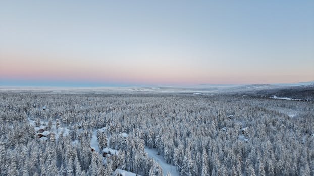 A breathtaking aerial view of snowy forests at dawn in Finland, showcasing winter's serene beauty.