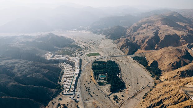 Explore the breathtaking aerial view of Oman's desert landscape, showcasing rugged mountains and scenic views.