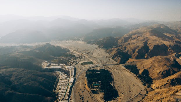 Breathtaking aerial shot of the mountainous landscape in Oman, showcasing the desert terrain.
