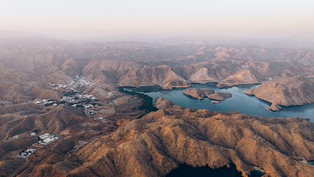 Stunning aerial shot of Oman mountains with lake views, showcasing serene natural beauty.