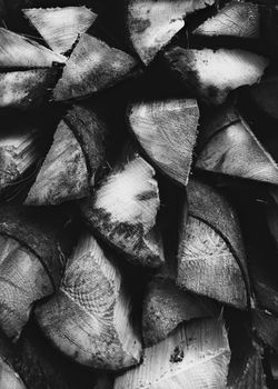 A visually striking black and white image of a stack of freshly cut firewood logs.