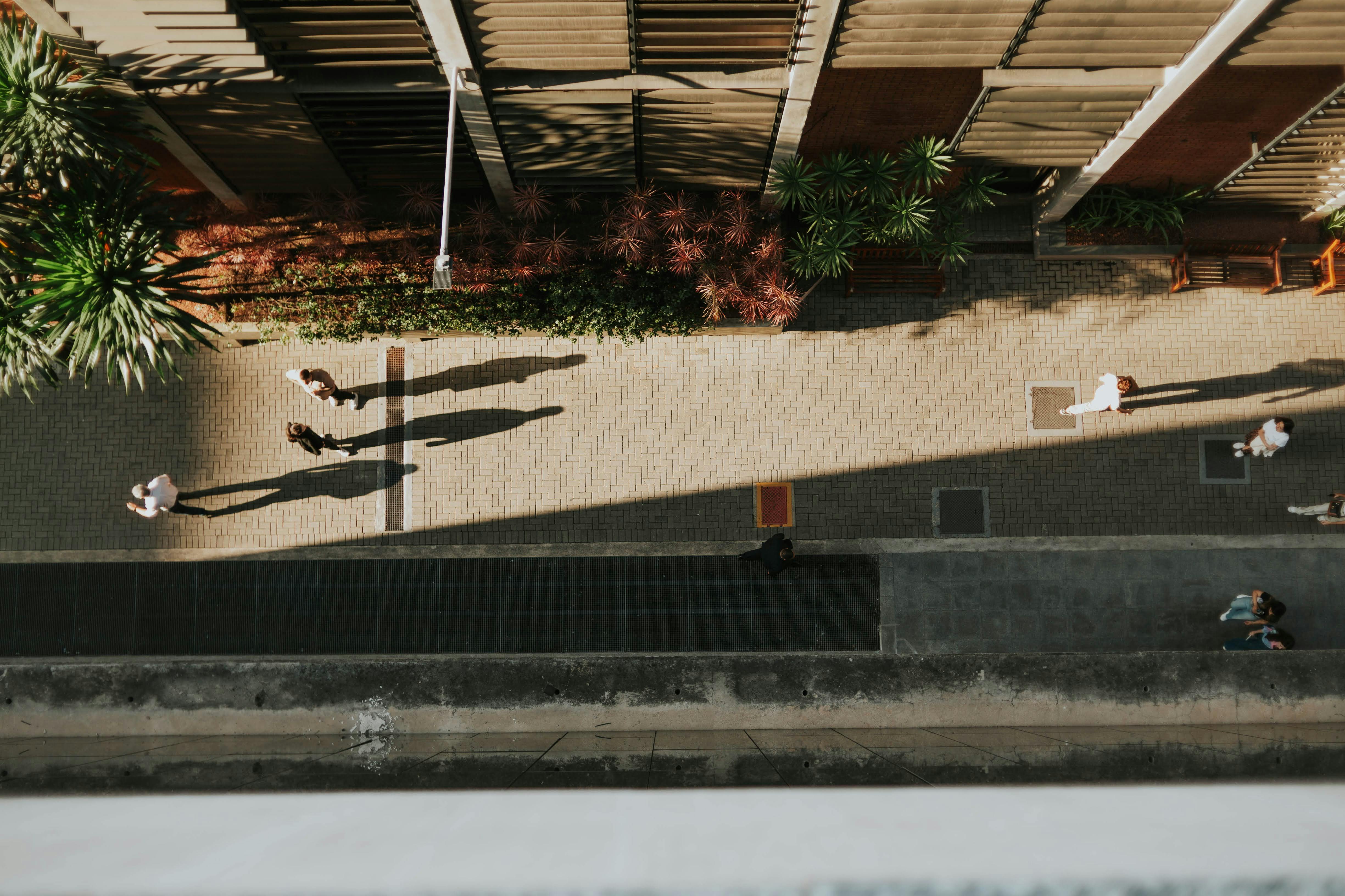 Free Top-down shot of people walking along a sunny, urban pathway beside a building. Stock Photo