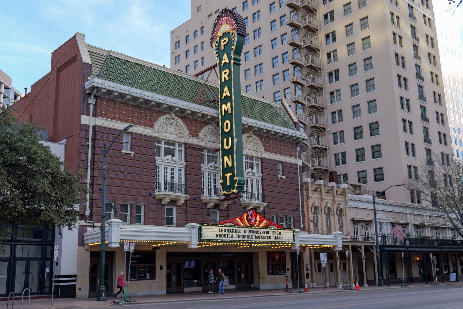 Paramount Theatre's classic architecture in Austin, Texas.