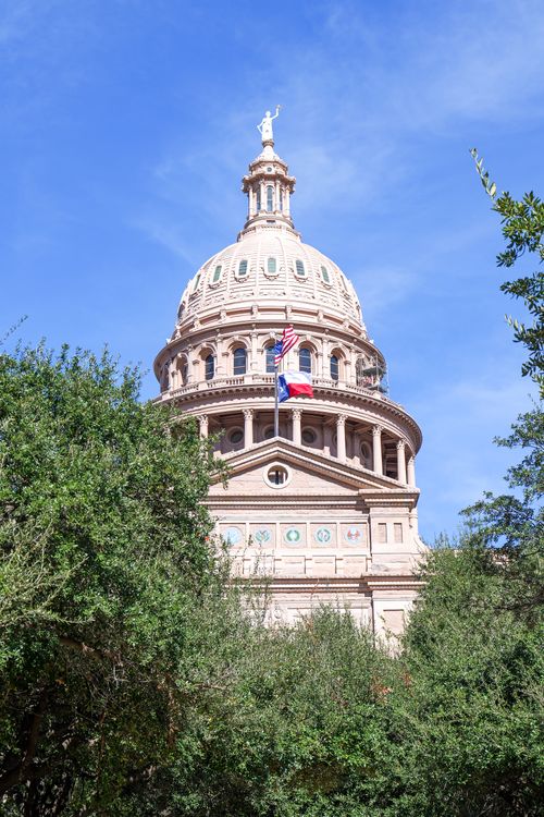 Free View of the historic Texas State Capitol building surrounded by trees under a clear blue sky. Stock Photo