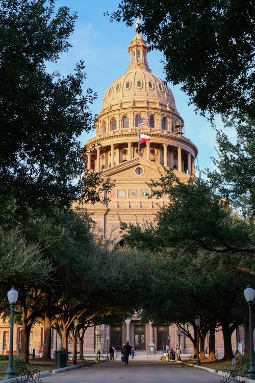 Free A view of the historic Texas State Capitol in Austin framed by trees at sunset. Stock Photo