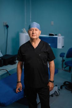 Senior surgeon in scrubs and cap standing in a modern operating room, ready for surgery.