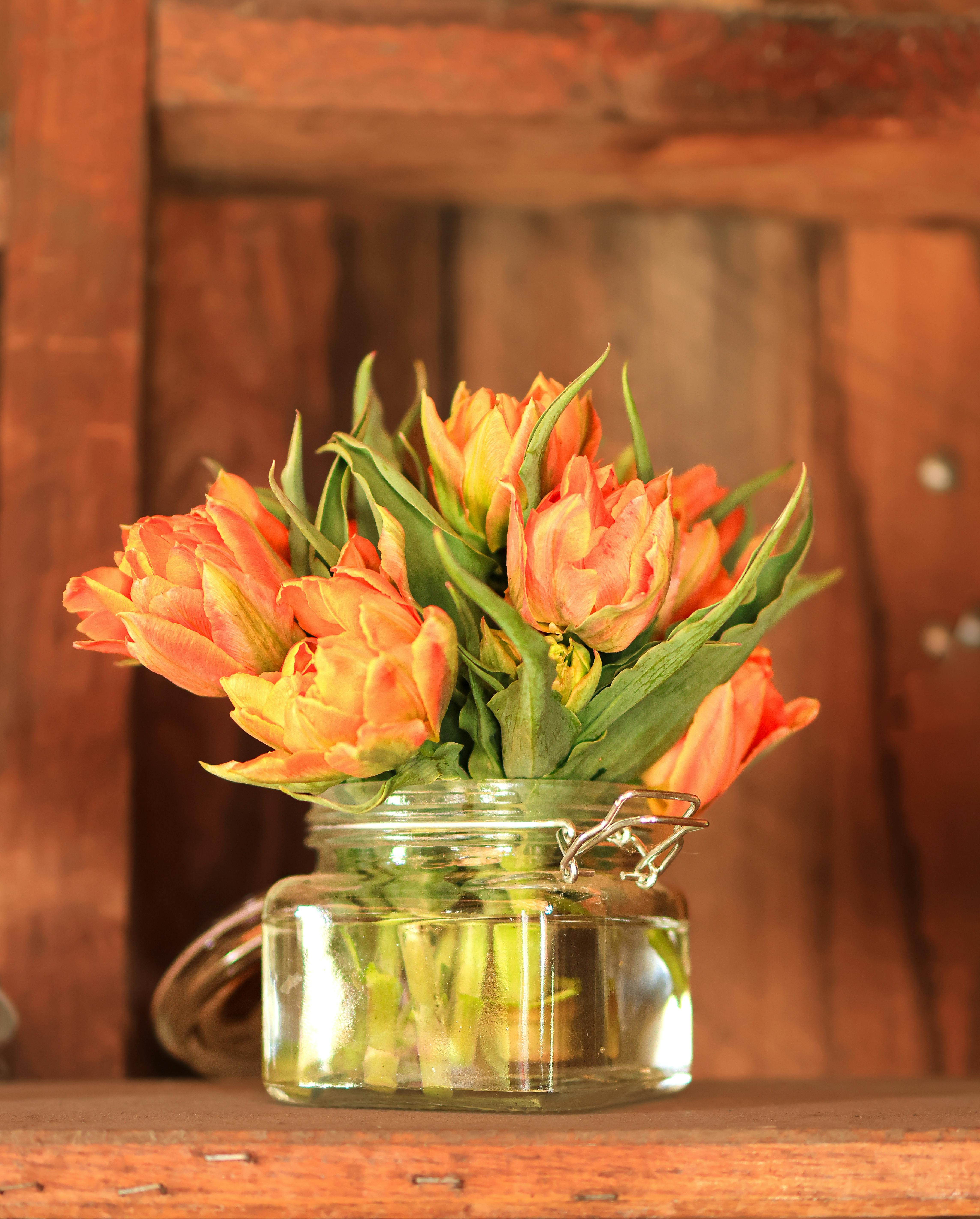 Δωρεάν Εκπληκτική σύνθεση με πορτοκαλί τουλίπες σε γυάλινο βάζο, σε ζεστό ξύλινο φόντο. Φωτογραφία από στοκ φωτογραφιών