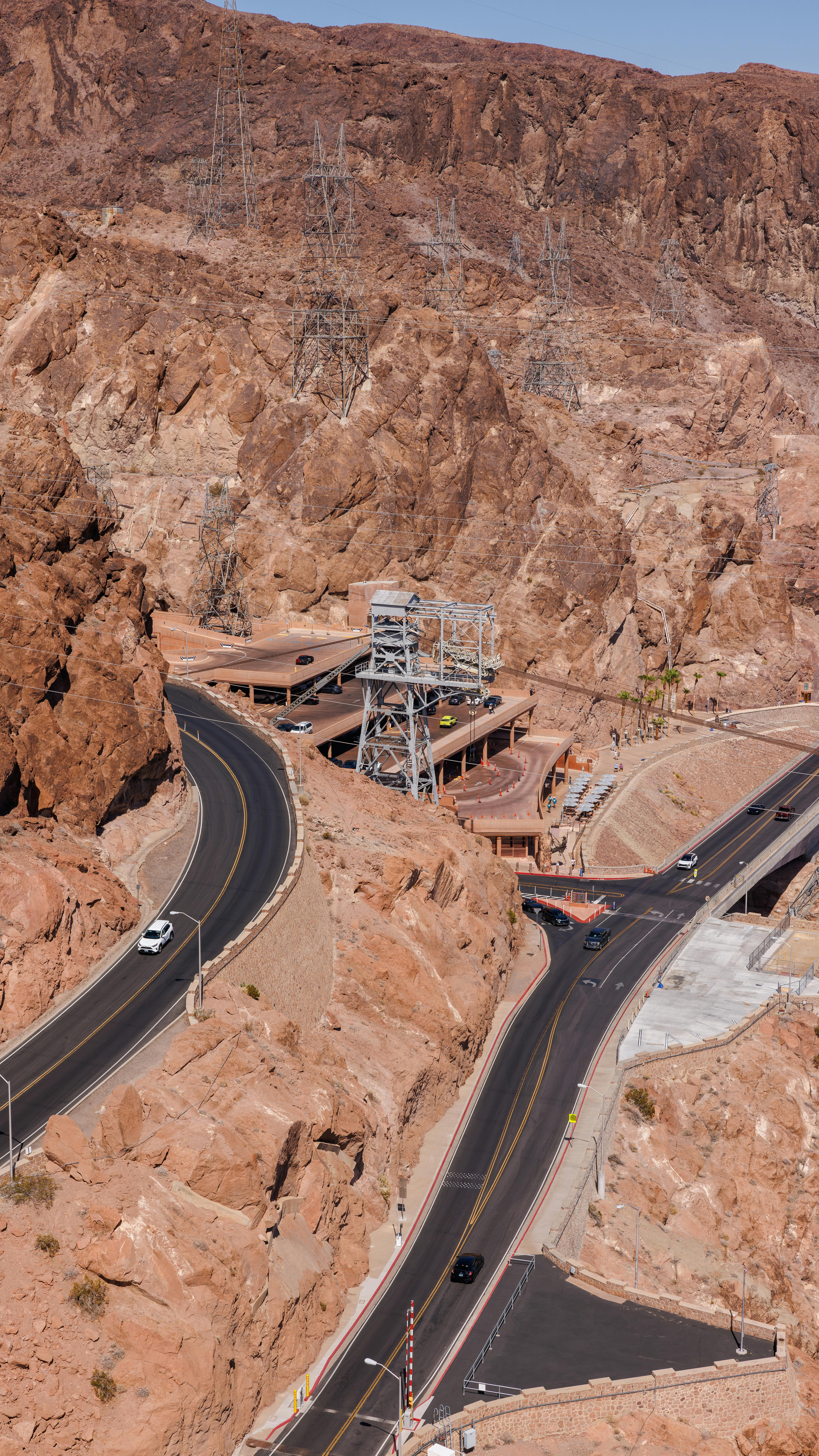 Stunning aerial view of Hoover Dam Bypass amid rugged desert landscape.