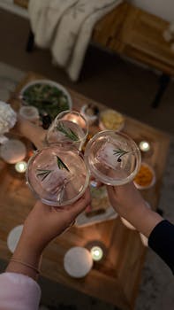 Hands toasting with rosemary cocktails over a cozy dinner setting. Perfect mood for gatherings.