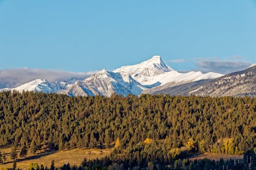 Stunning view of snow-capped peaks in the Rocky Mountains from Invermere, British Columbia.