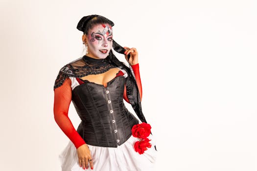 A Latina woman showcases creative harlequin makeup and costume with red and black accents.