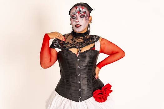 Latin American woman in harlequin costume with creative makeup and red accents, Mexico.