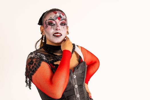 Portrait of a woman with creative harlequin makeup and costume, captured in Mexico.