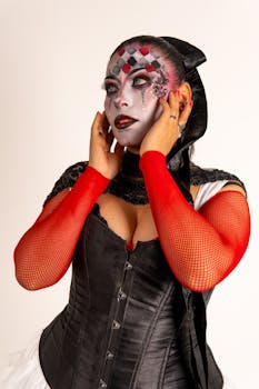 Portrait of a Latina woman with creative clown makeup and costume, vibrant and artistic expression.