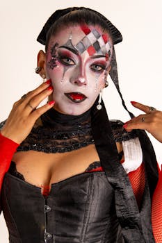 A Latina model showcases colorful harlequin makeup with striking red and black attire.