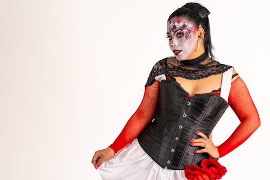 A Latina woman poses in artistic harlequin makeup and costume with a white background.