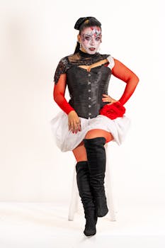 A Latina woman in elaborate harlequin clown makeup and costume sitting on a stool.