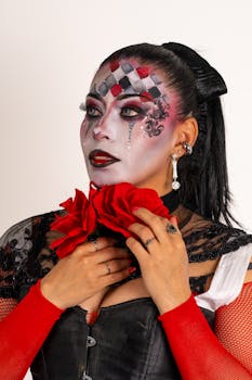 Dramatic portrait of a Hispanic woman with harlequin clown makeup and red attire.