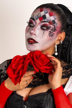 Latina woman with artistic harlequin makeup and red roses, embodying vibrant carnival spirit.