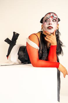 Latina woman with artistic harlequin makeup and red and black costume poses creatively indoors.