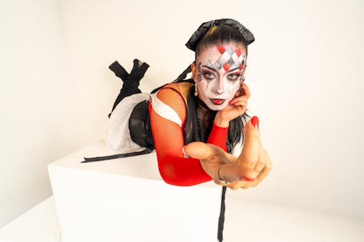 Creative portrait of a woman with harlequin makeup and red accents in Mexico, showcasing dramatic artistic expression.