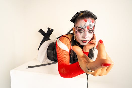 Artistic portrait of a woman in harlequin makeup posing dramatically on a white background.