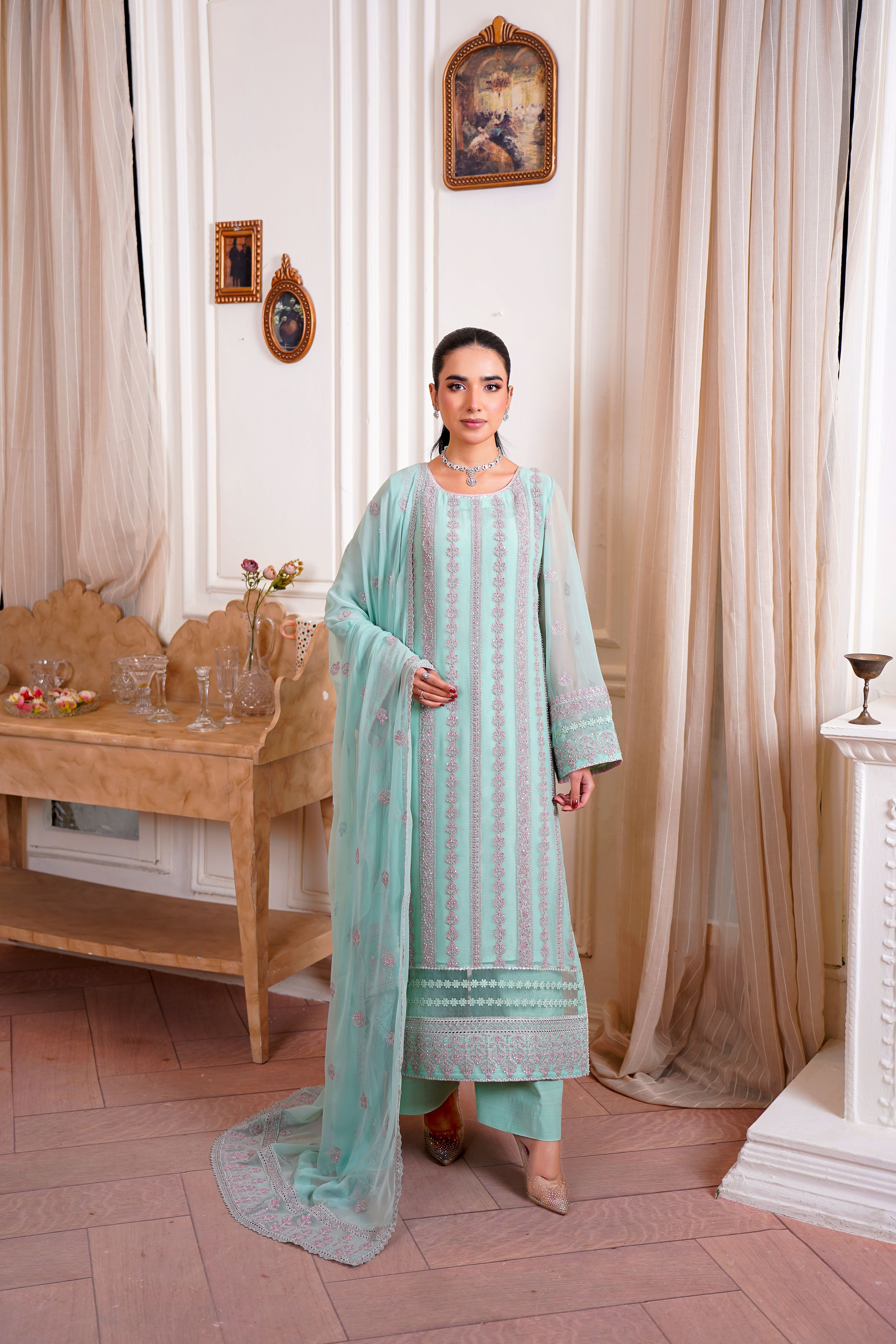 white christmas dresses Premium Three Piece Farshi Shalwar Dress – Latest Designs main image 0