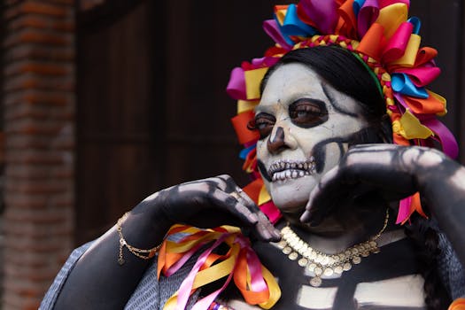 A colorful Catrina in traditional Mexican makeup celebrates Dia de los Muertos.