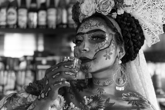Close-up of a woman in Catrina makeup holding a glass, showcasing Mexican cultural traditions.