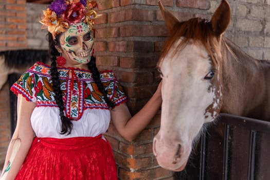 A woman in vibrant Catrina costume with a horse, showcasing Mexican heritage and culture.