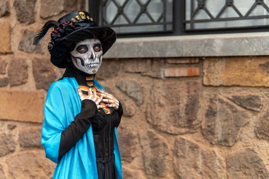 Woman in traditional Catrina costume with skull makeup in Mexico City, showcasing Mexican culture.