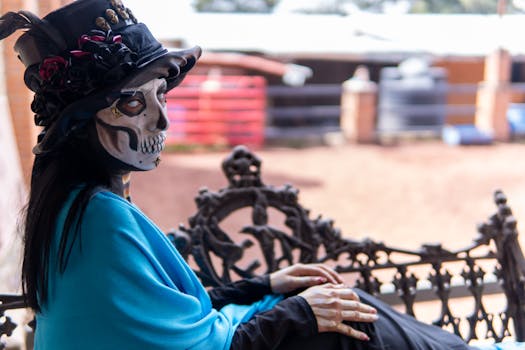 Woman in Catrina makeup and costume outdoors in Mexico City, embracing Mexican tradition.