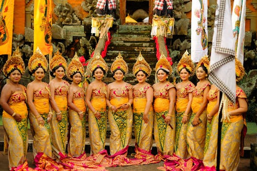 Group of Balinese women in traditional attire during a temple ceremony in Bali, Indonesia.
