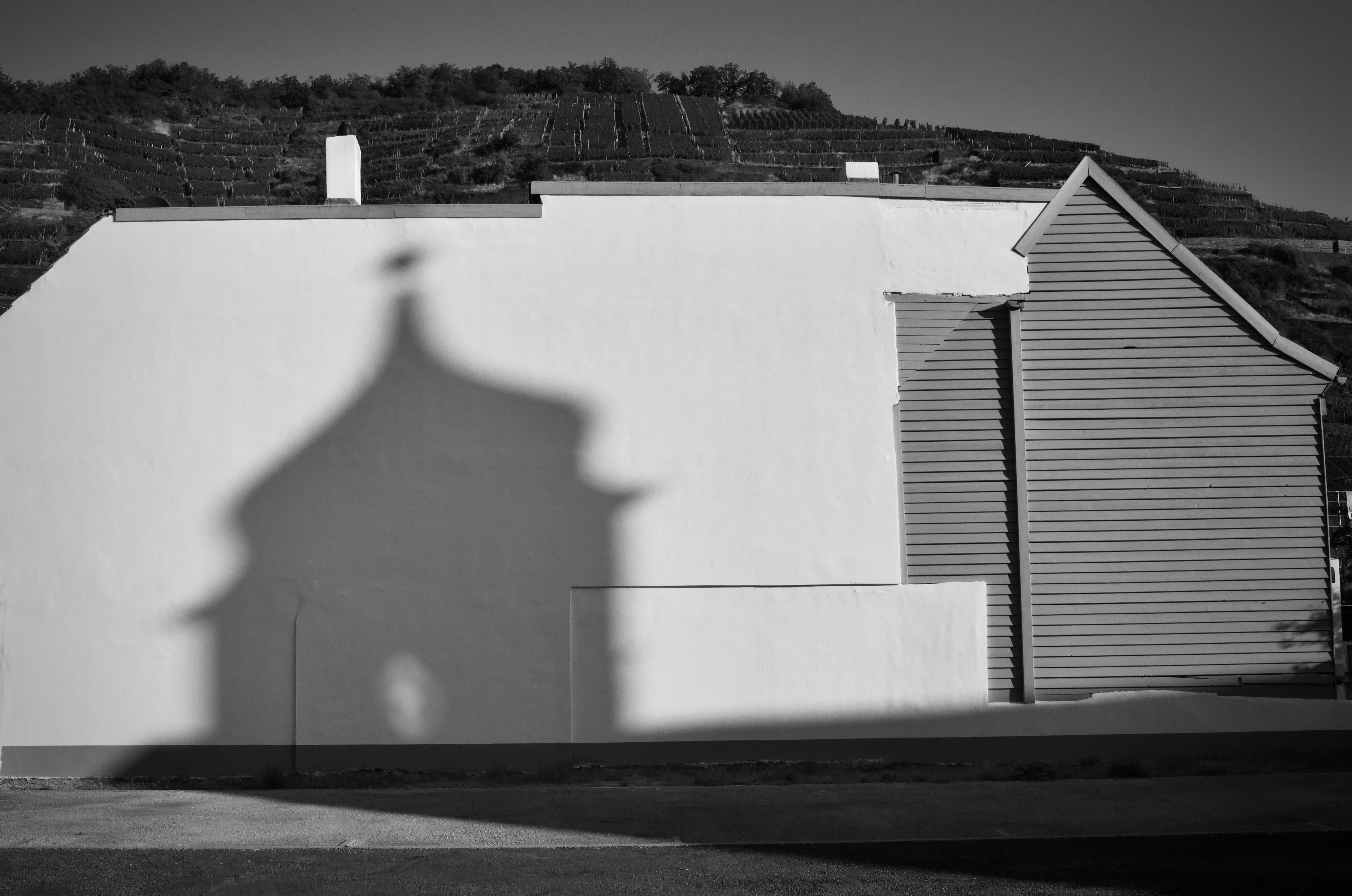 Kostnadsfria Monokrom bild av en byggnadsskugga på en vägg i ett terrasserat vingårdslandskap. Stock foto
