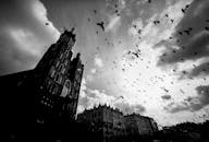 在乌云密布的天空下，一群飞鸟掠过克拉科夫圣玛丽大教堂那戏剧性的黑白轮廓