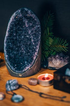 Serene scene with a large amethyst geode, teardrop candles, and lush greenery. Perfect for spa and relaxation themes.