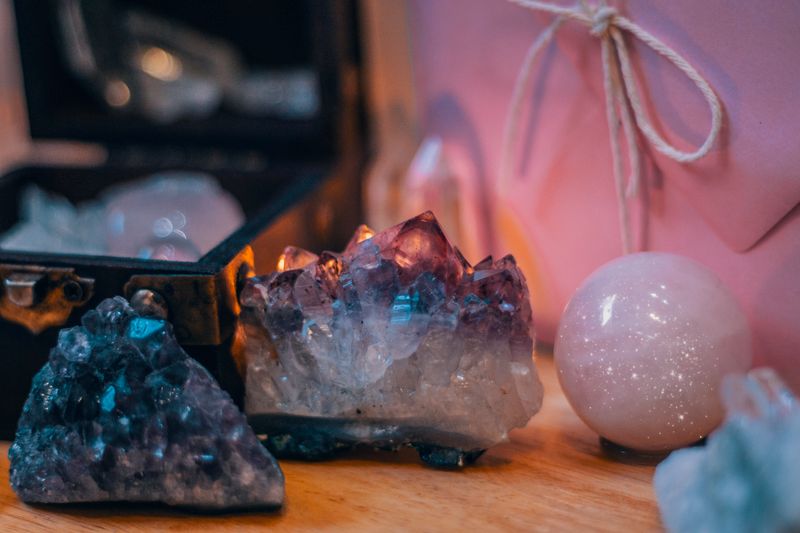 Crystals on a table