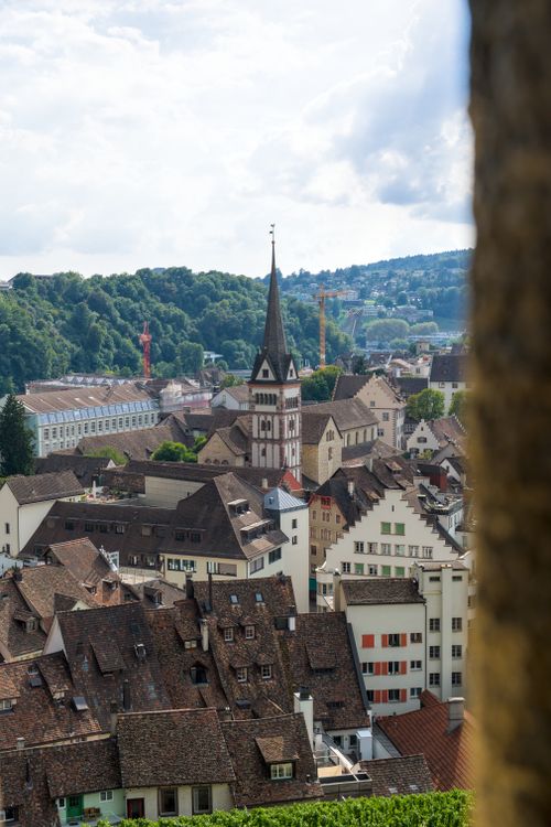 Free Aerial view of Schaffhausen, Switzerland's quaint old town with a picturesque clock tower. Stock Photo