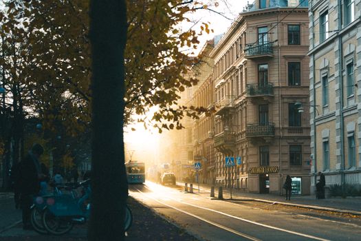 Beautiful urban street scene at sunrise with historic architecture and autumn foliage.