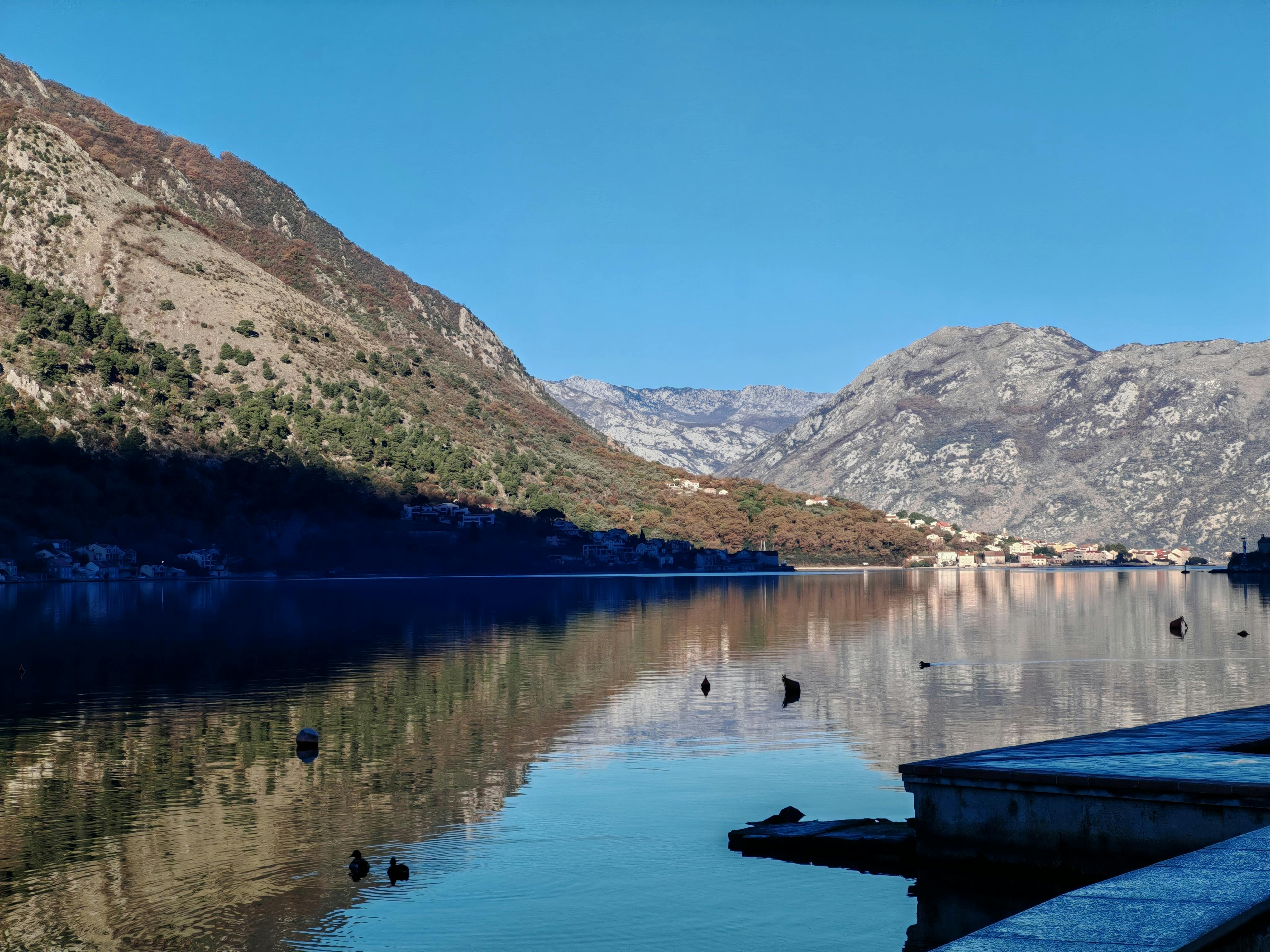 Miễn phí Khung cảnh tuyệt đẹp của vịnh Kotor với hình ảnh phản chiếu của những ngọn núi dưới bầu trời xanh trong vắt. Ảnh lưu trữ