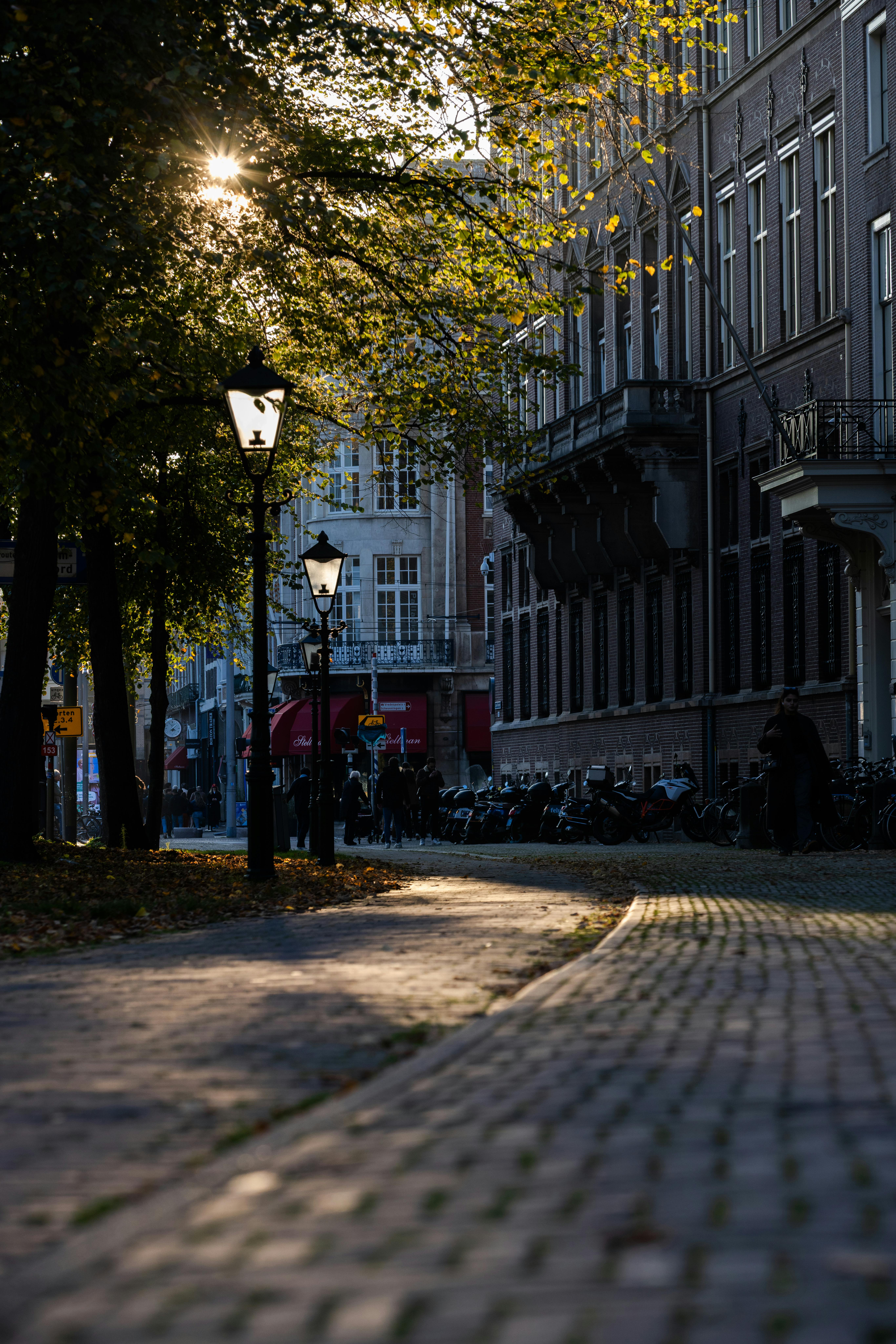 Gratis Strada acciottolata illuminata dal sole all'Aia, con lampioni d'epoca e la classica architettura olandese al crepuscolo. Foto a disposizione