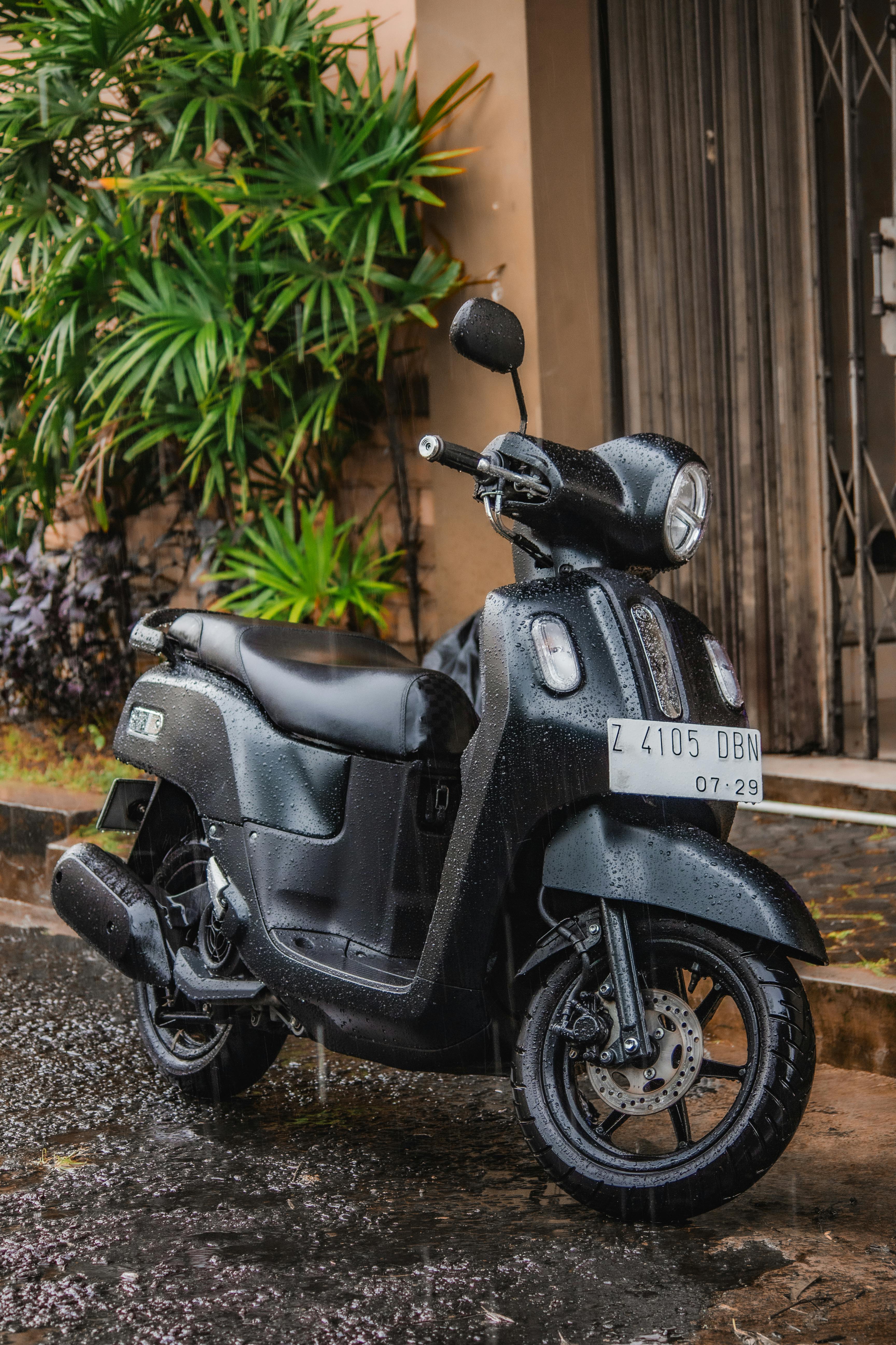 Gratuit Scuter negru parcat afară pe o stradă udă după ploaie, înconjurat de plante verzi și o poartă metalică. Fotografie de stoc